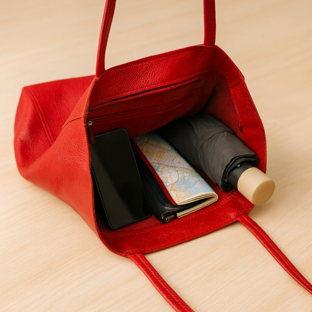 A Handcrafted Red Real Italian Leather Tote Bag