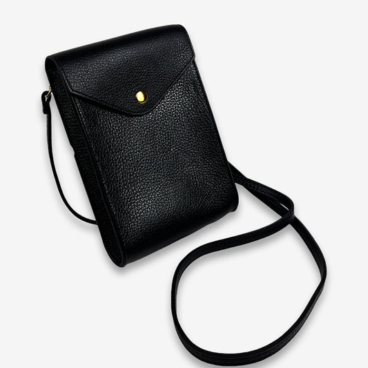 A Handcrafted Black Real Italian Leather Crossbody Phone Bag