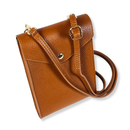 A Handcrafted Dark Tan Real Italian Leather Crossbody Phone Bag