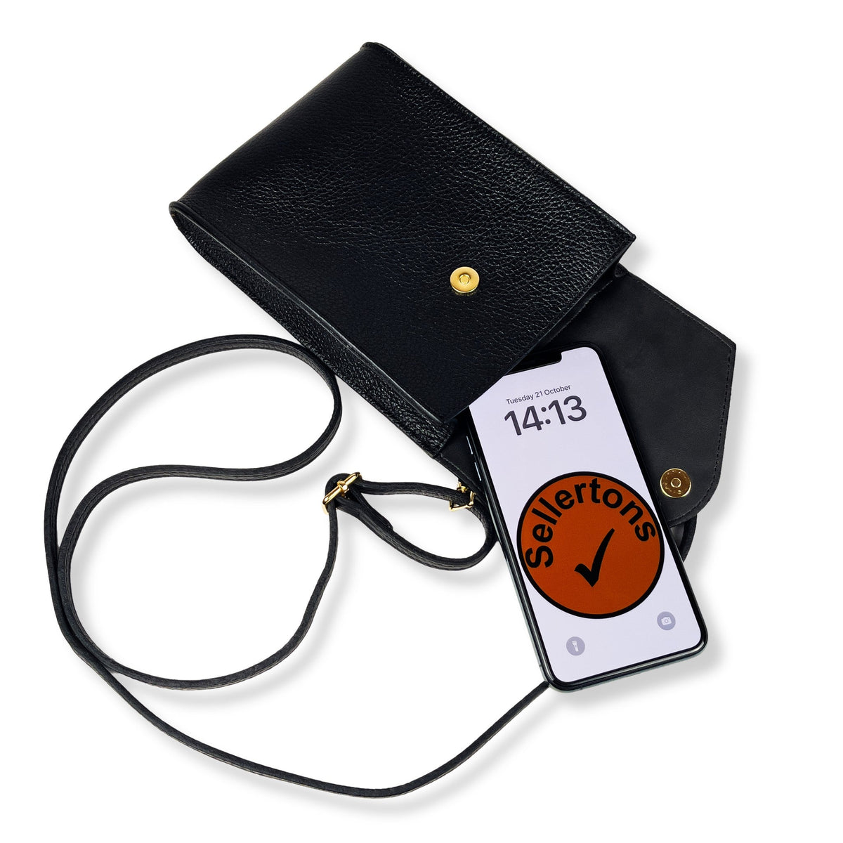 A Handcrafted Black Real Italian Leather Crossbody Phone Bag