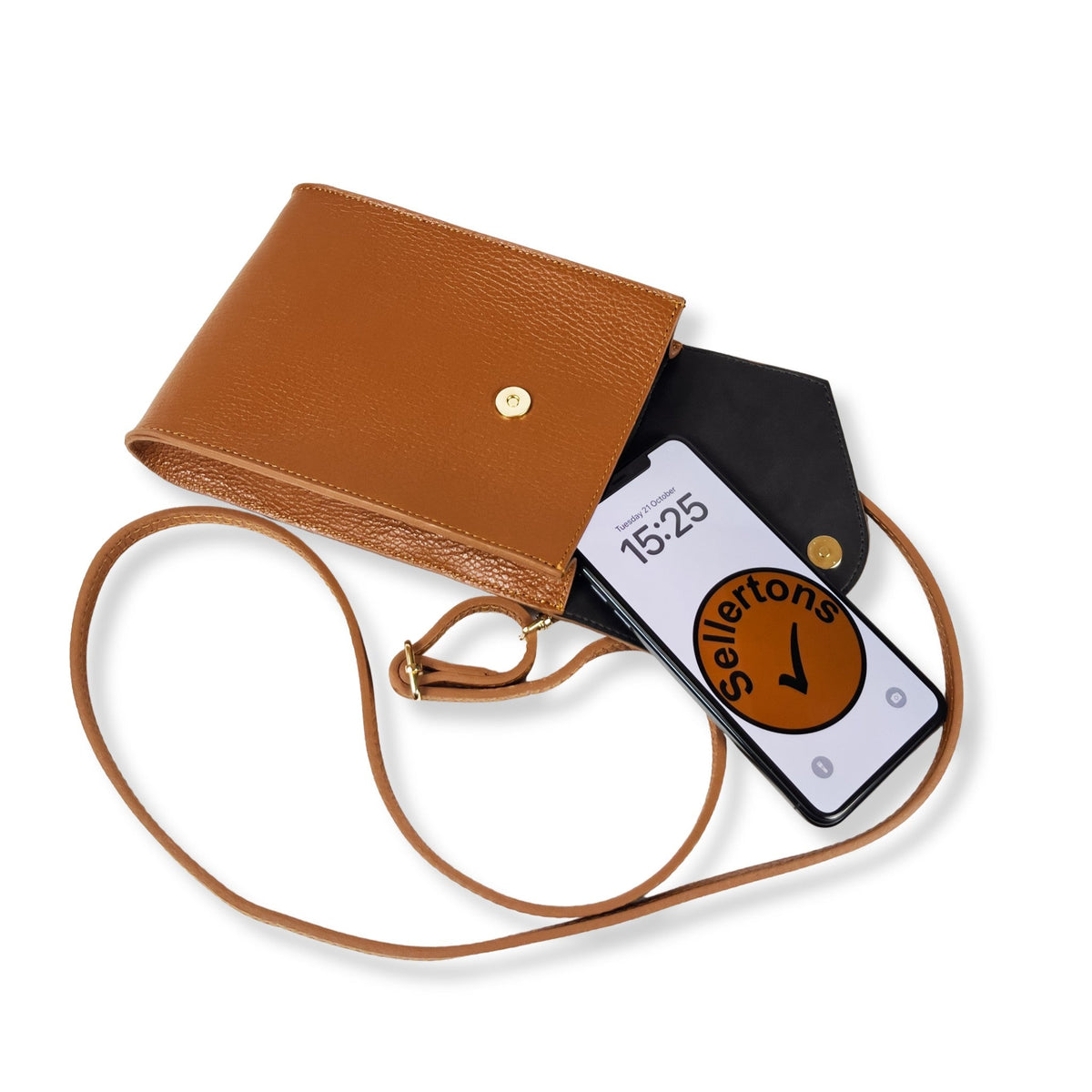 A Handcrafted Dark Tan Real Italian Leather Crossbody Phone Bag