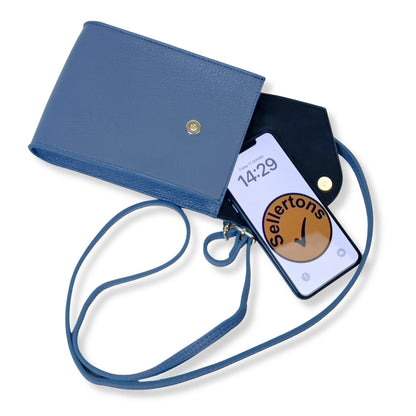 A Handcrafted Denim Blue Real Italian Leather Crossbody Phone Bag