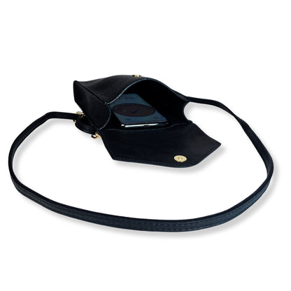 A Handcrafted Black Real Italian Leather Crossbody Phone Bag