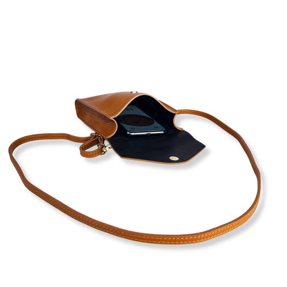 A Handcrafted Dark Tan Real Italian Leather Crossbody Phone Bag
