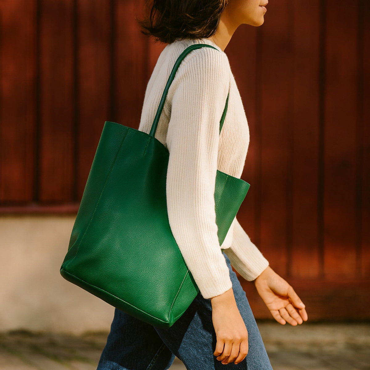 A Handcrafted Green Real Italian Leather Tote Bag