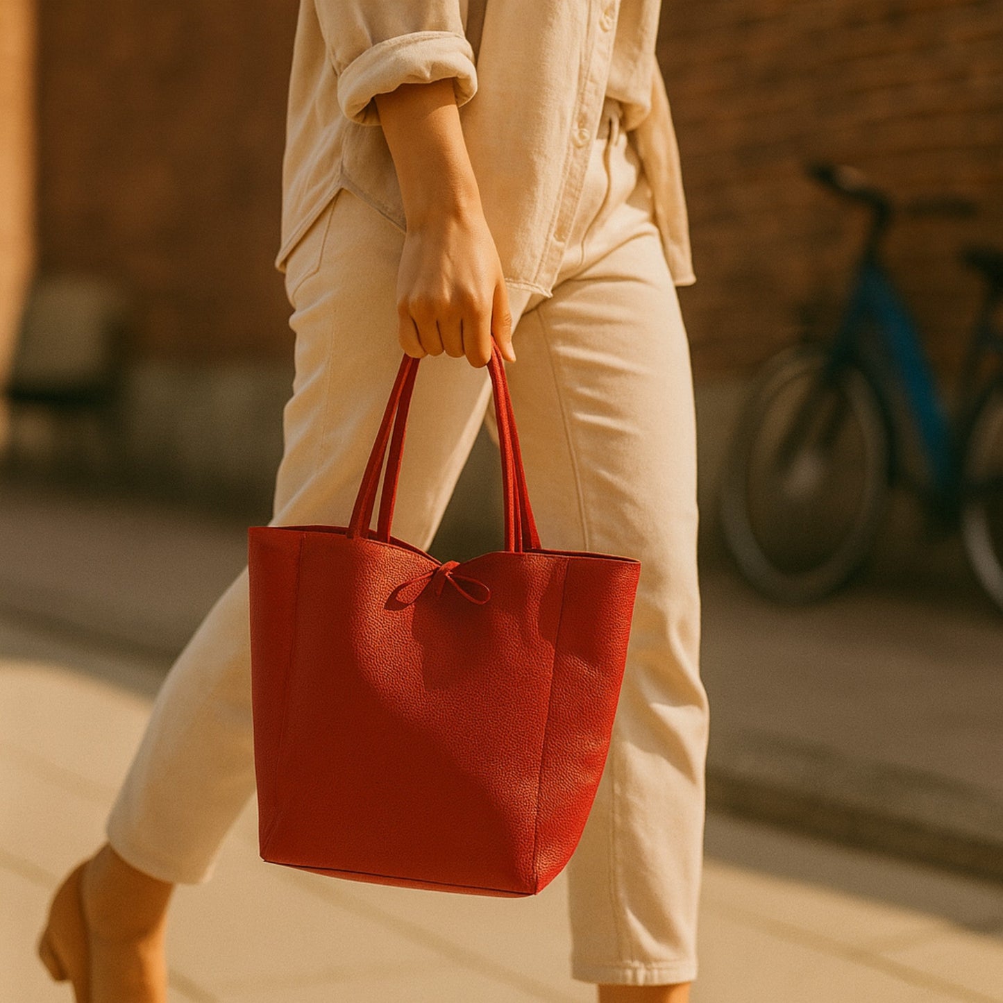 A Handcrafted Red Real Italian Leather Tote Bag