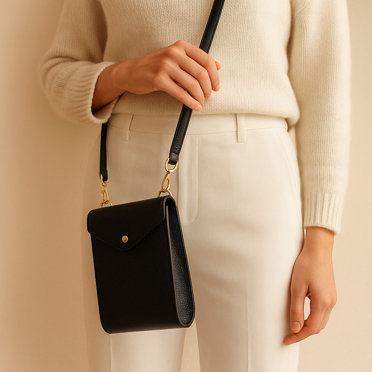 A Handcrafted Black Real Italian Leather Crossbody Phone Bag