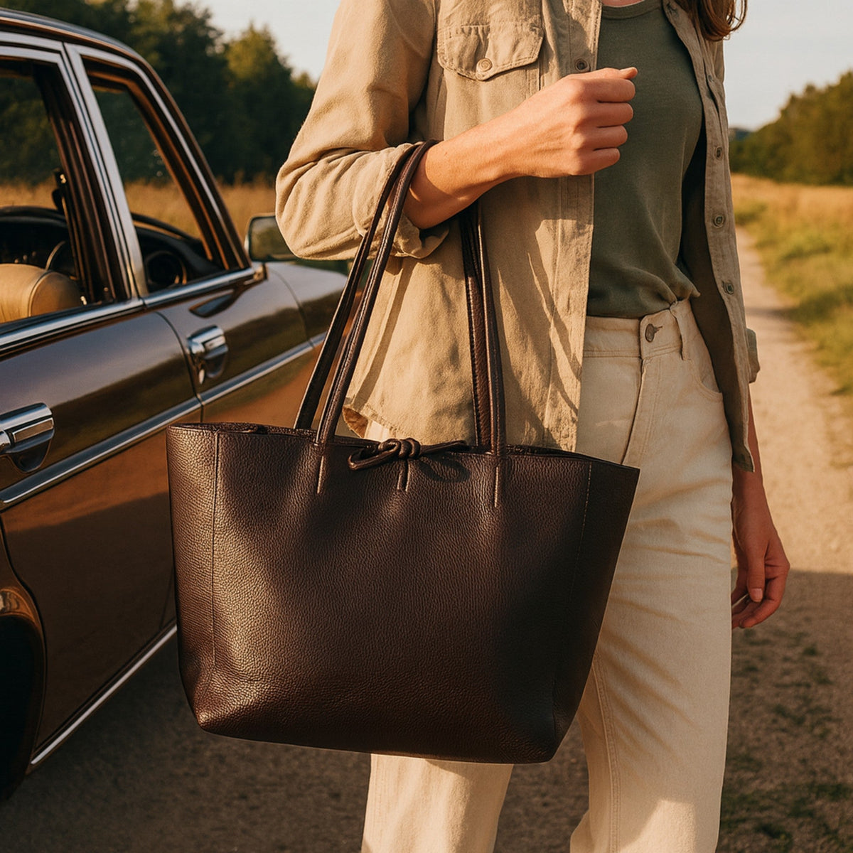 A Handcrafted Dark Chocolate Real Italian Leather Tote Bag