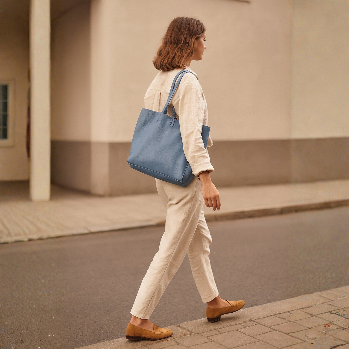 A Handcrafted Denim Blue Real Italian Leather Tote Bag