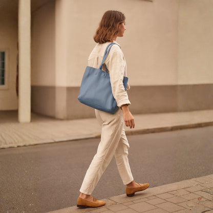 A Handcrafted Denim Blue Real Italian Leather Tote Bag