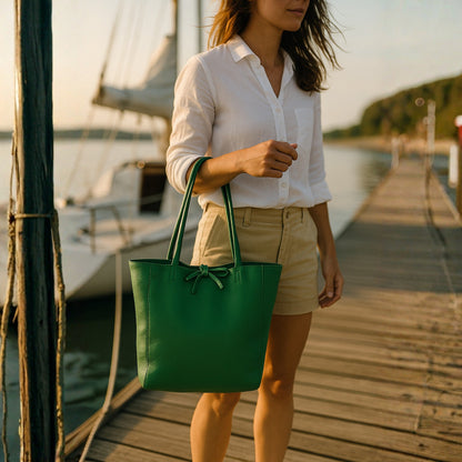 A Handcrafted Green Real Italian Leather Tote Bag