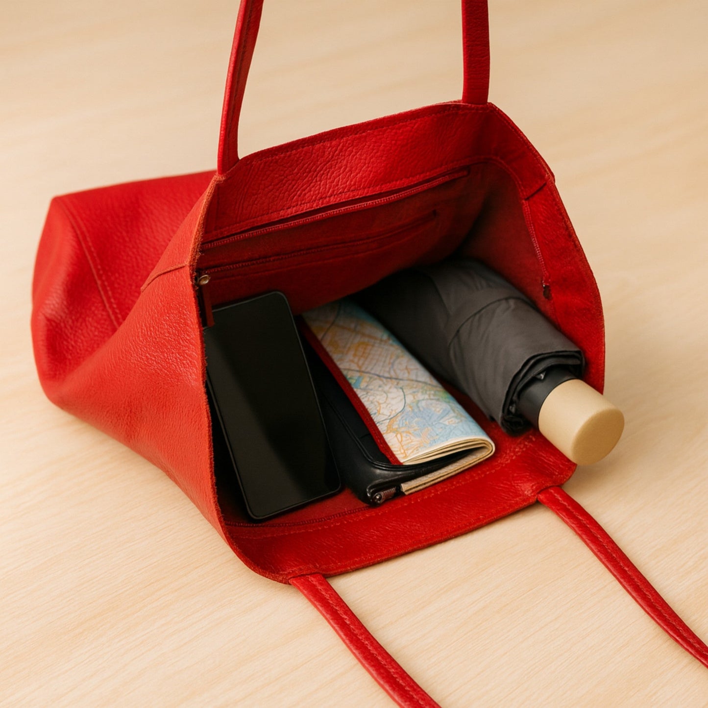 A Handcrafted Red Real Italian Leather Tote Bag