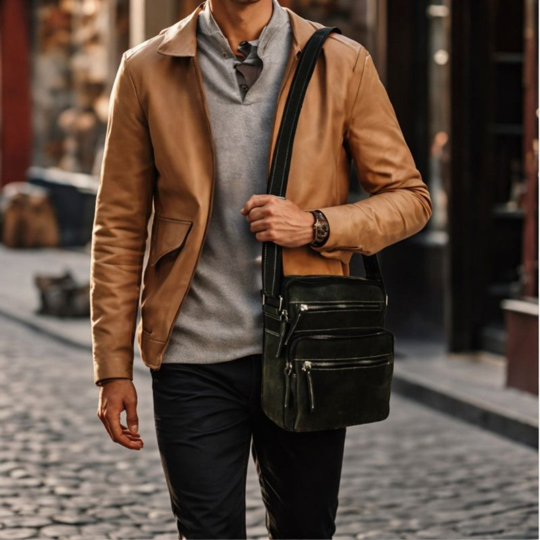 Unisex Hunter Suede Leather Multi-Compartment Crossbody/Shoulder Bag