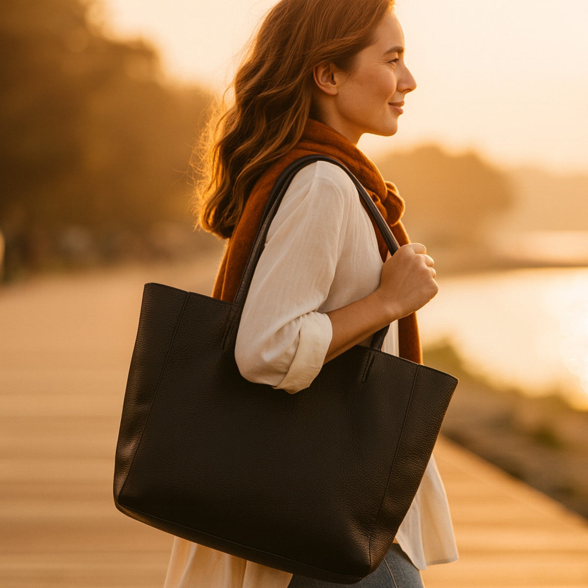 A Handcrafted Black Real Italian Leather Tote Bag