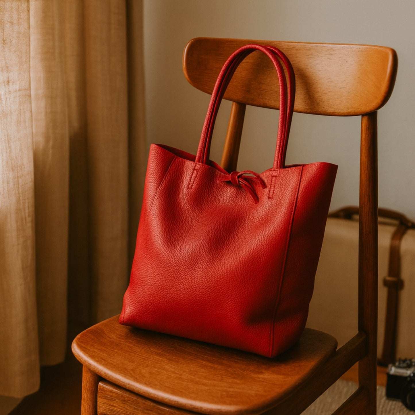 A Handcrafted Red Real Italian Leather Tote Bag