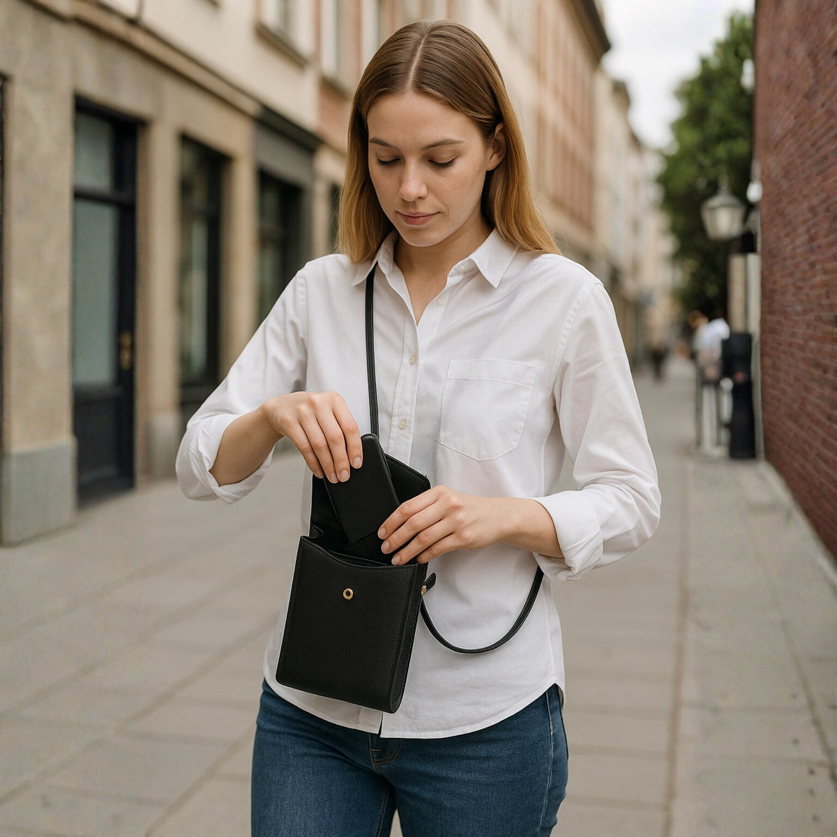 A Handcrafted Black Real Italian Leather Crossbody Phone Bag