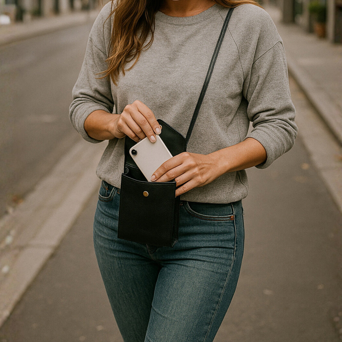 A Handcrafted Black Real Italian Leather Crossbody Phone Bag