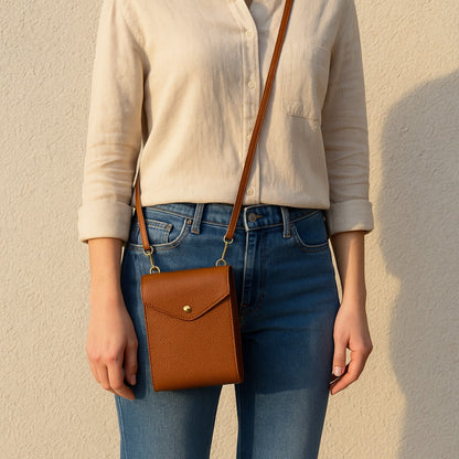 A Handcrafted Dark Tan Real Italian Leather Crossbody Phone Bag