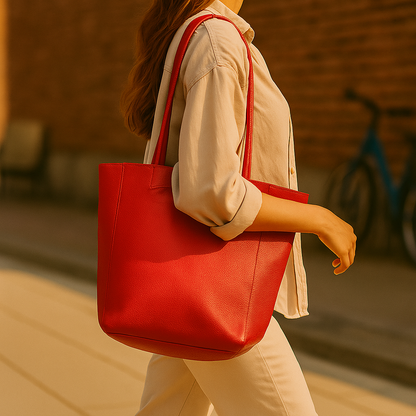 A Handcrafted Red Real Italian Leather Tote Bag
