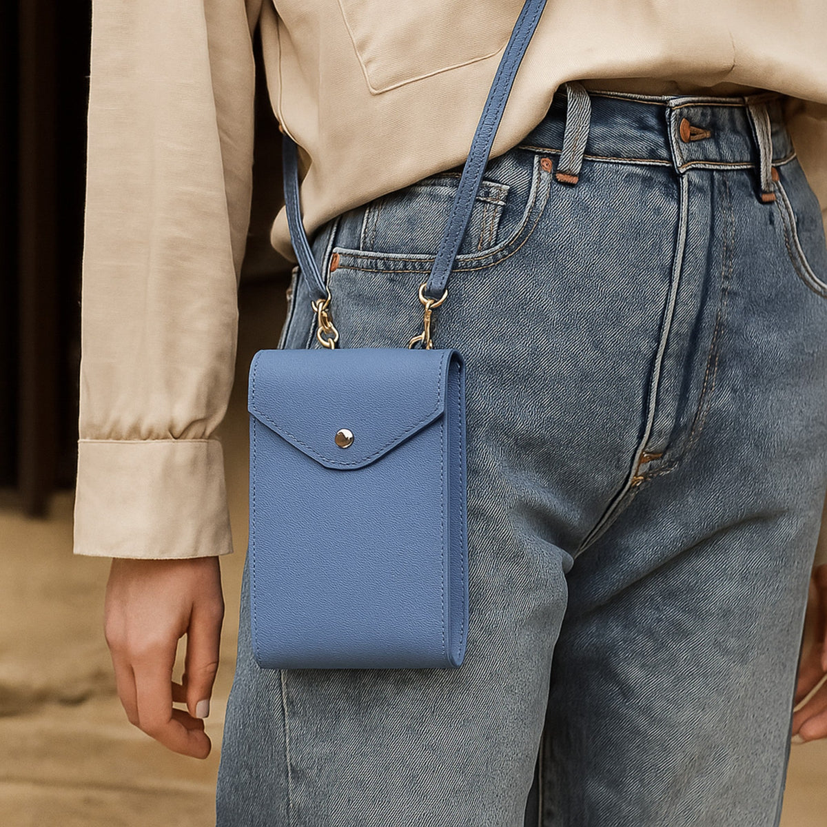 A Handcrafted Denim Blue Real Italian Leather Crossbody Phone Bag