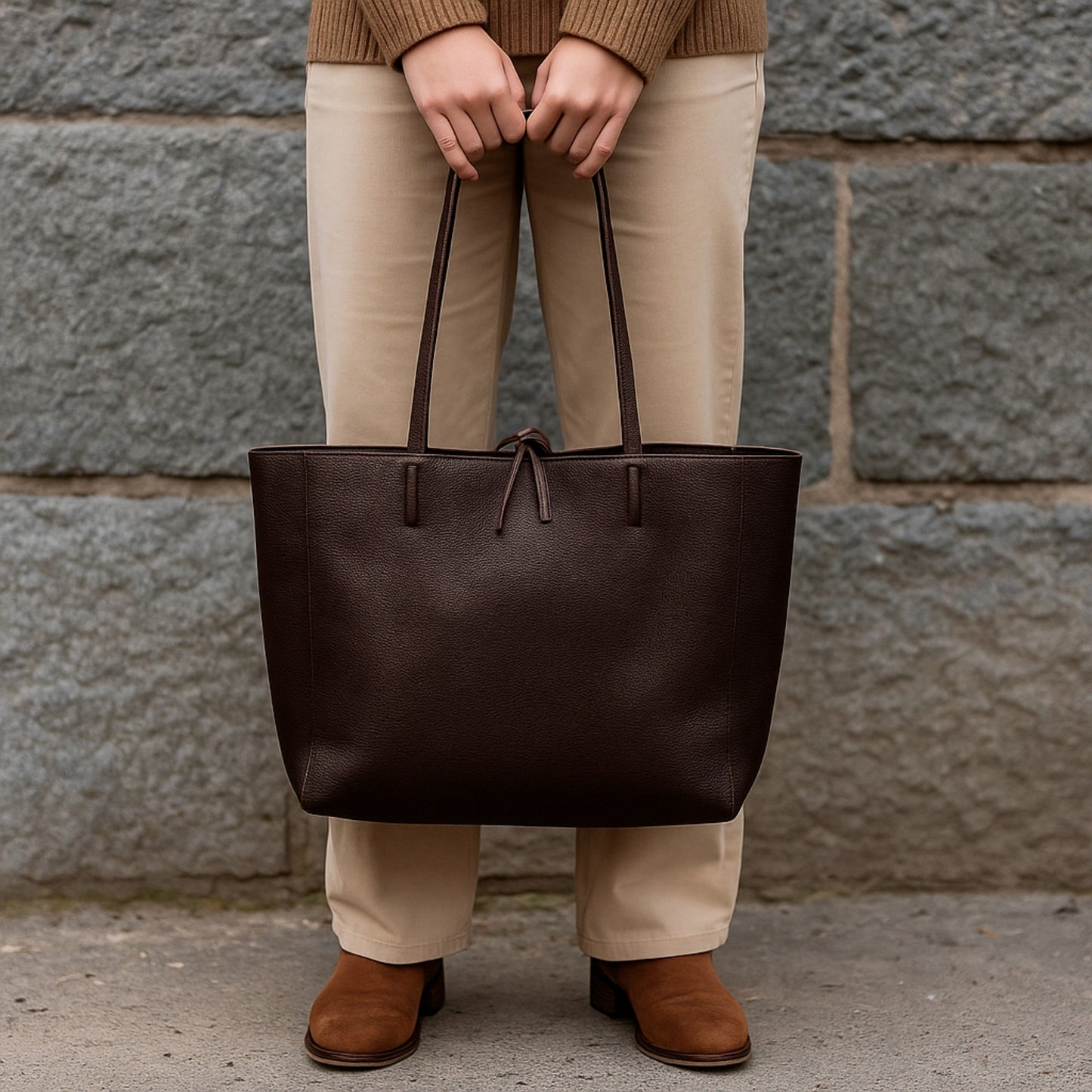 A Handcrafted Dark Chocolate Real Italian Leather Tote Bag
