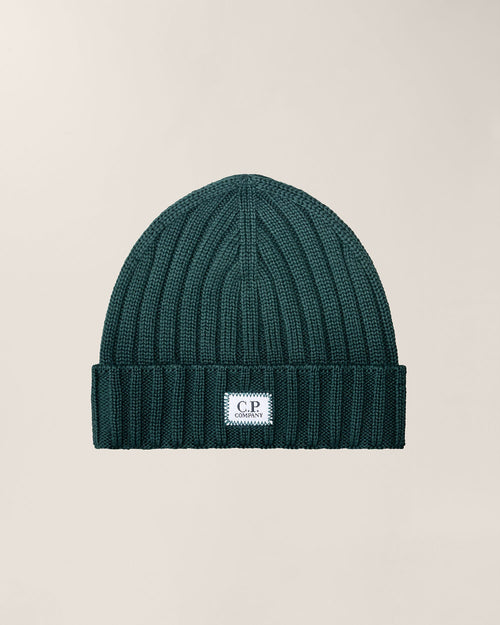 C.P. Company Extra Fine Merino Wool Logo Beanie in Ponderosa Pine - Green
