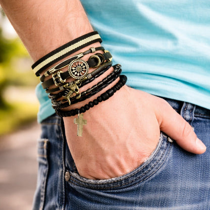 Men's Multilayer Leather Bracelet with Beads and Charm Pendant