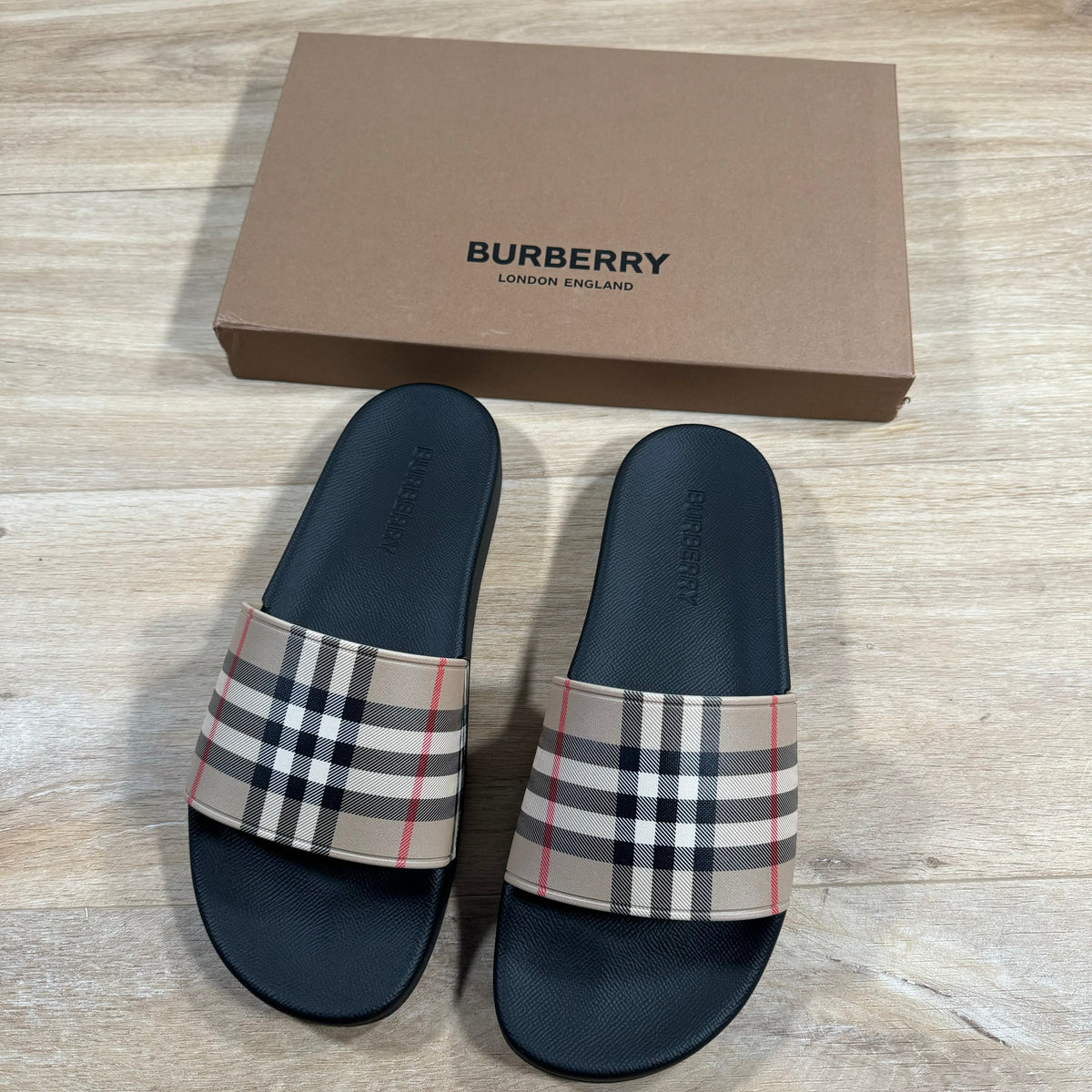Burberry Furley Check Slides in Archive Beige
