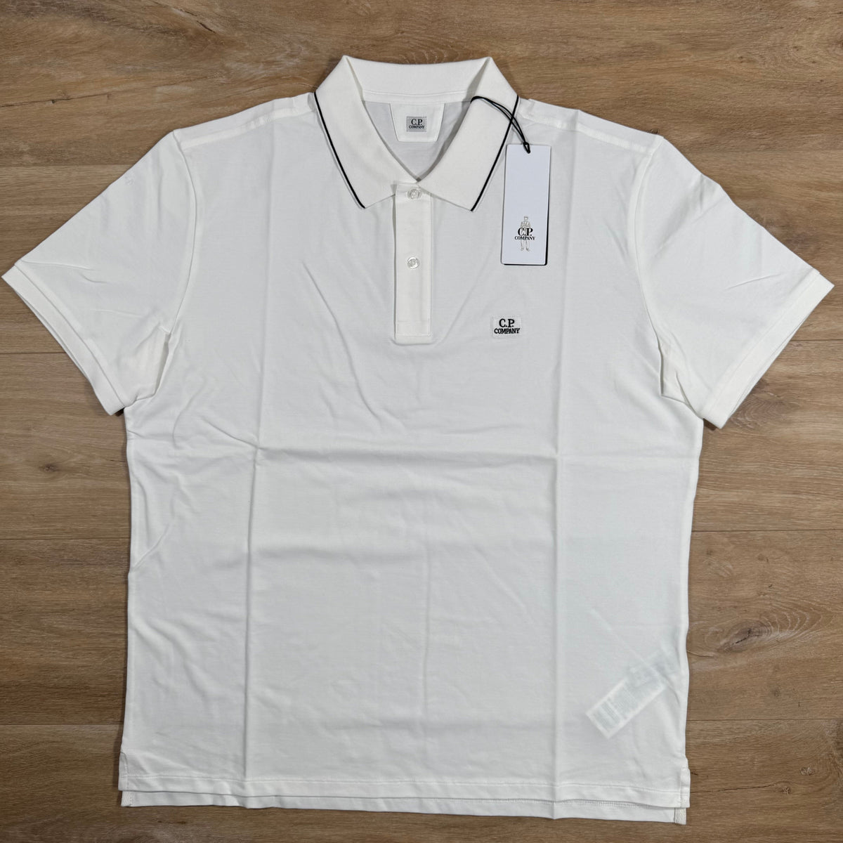 C.P. Company Stretch Piquet Striped Collar Polo Shirt in Gauze White