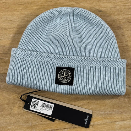 Stone Island Ribbed Soft Cotton Beanie in Sky Blue