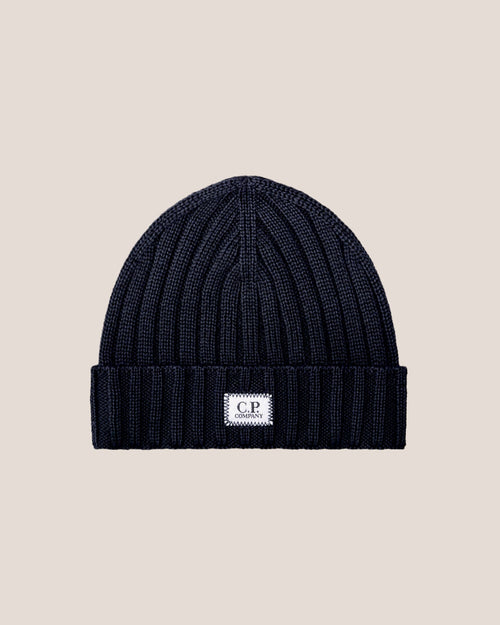 C.P. Company Extra Fine Merino Wool Logo Beanie in Navy