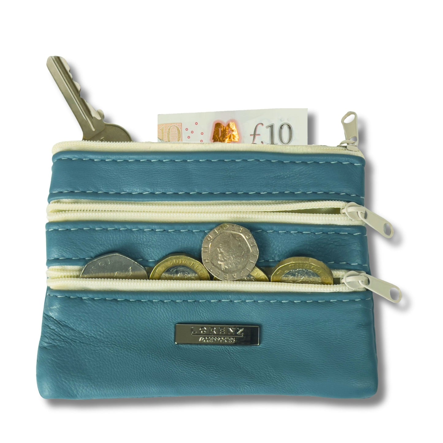 Leather Coin Purse with Multi-Zip pockets and keyring