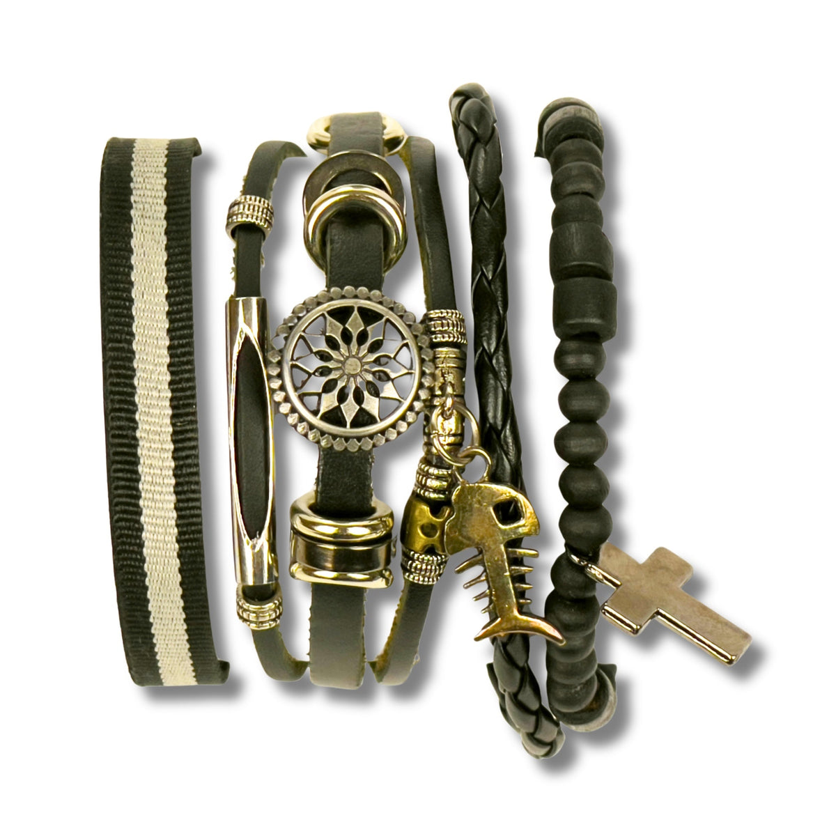 Men's Multilayer Leather Bracelet with Beads and Charm Pendant