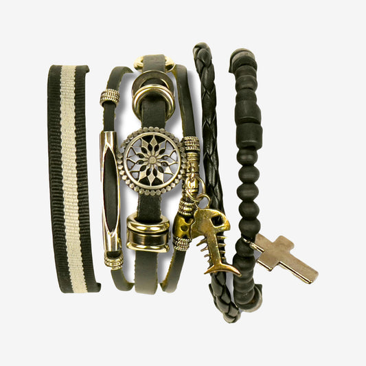 Men's Multilayer Leather Bracelet with Beads and Charm Pendant