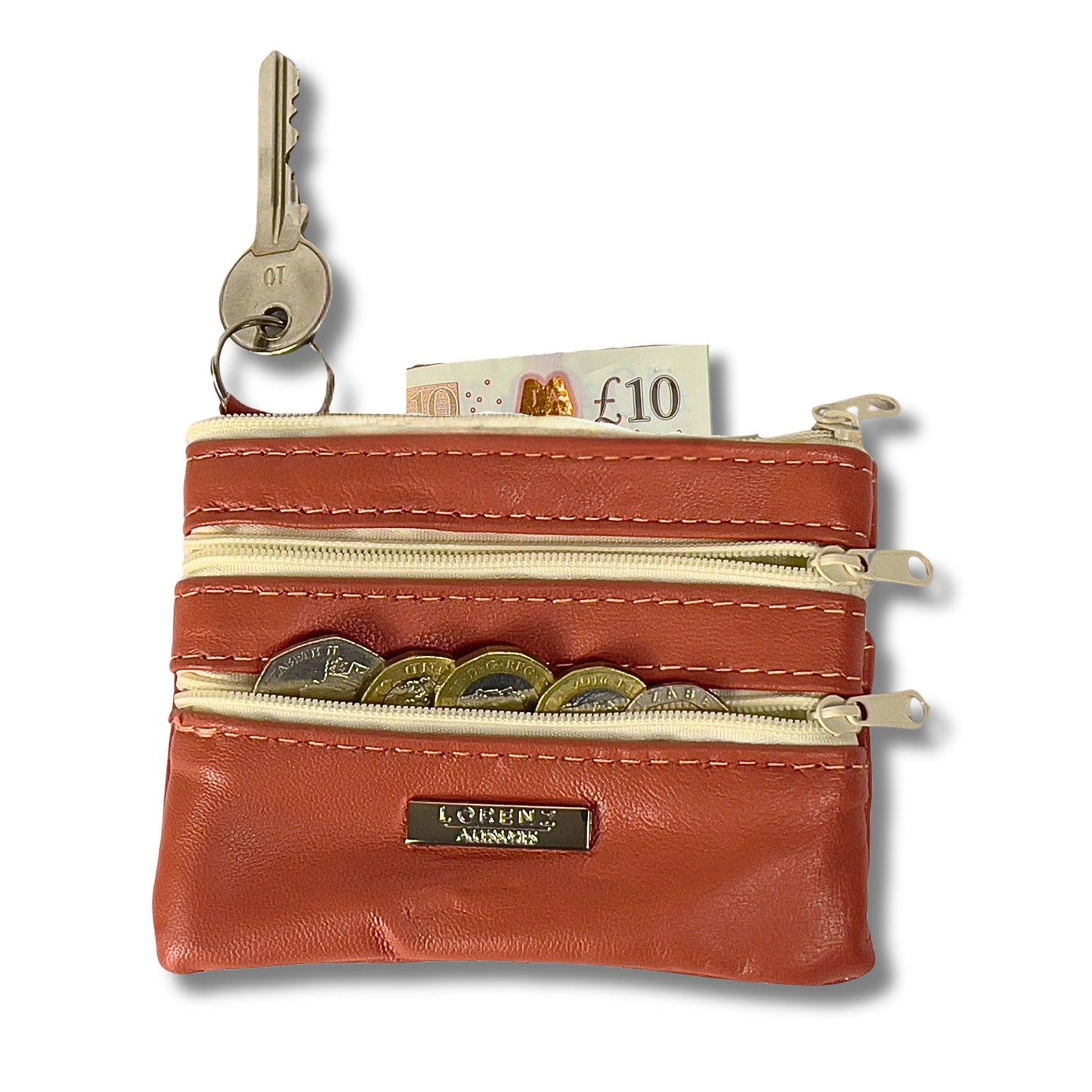 Leather Coin Purse with Multi-Zip pockets and keyring