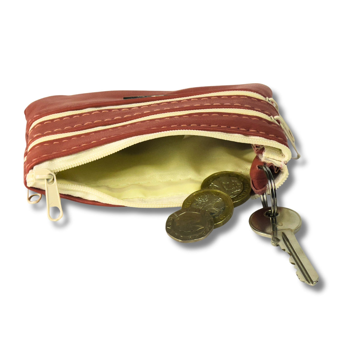Leather Coin Purse with Multi-Zip pockets and keyring