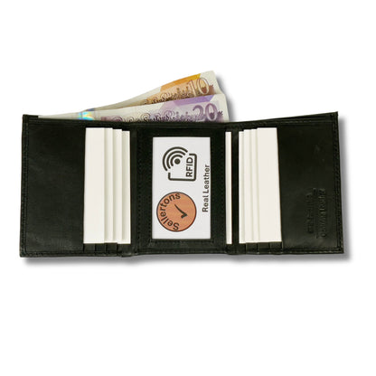 Black Nappa Leather Unisex Trifold Wallet with RFID Blocking