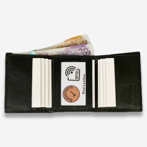 Black Nappa Leather Unisex Trifold Wallet with RFID Blocking